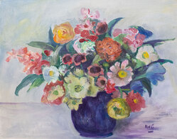 rerpro - Marga von Garrel · Blumen in blauer Vase, o. J. · Öl/Leinwand, Foto: Mechtild Runnebom rerpro